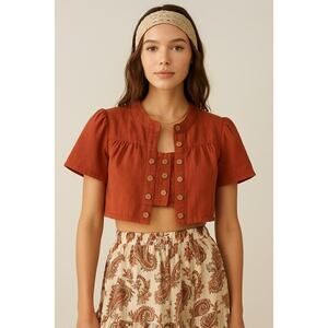 Vintage Rust Red Cropped Linen Button Blouse Cottagecore Boho Y2K Festival Top